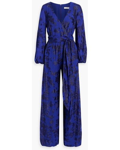 ML Monique Lhuillier Metallic Fil Coupé Silk-blend Wide-leg Jumpsuit - Blue