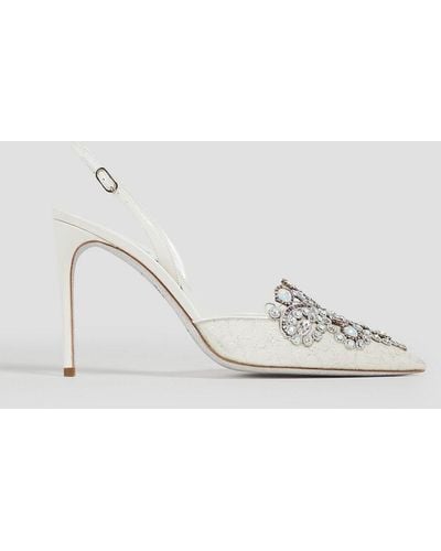 Rene Caovilla Veneziana Embellished Leather And Lace Slingback Court Shoes - White
