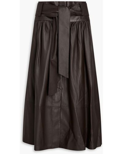 Vince Pleated Leather Midi Skirt - Brown