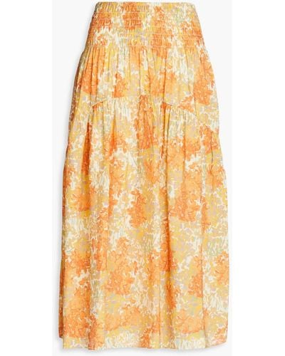 Vince Shirred Floral-print Gauze Midi Skirt - Orange