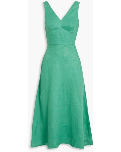 Saloni Rachel Bow-embellished Linen Midi Dress - Green