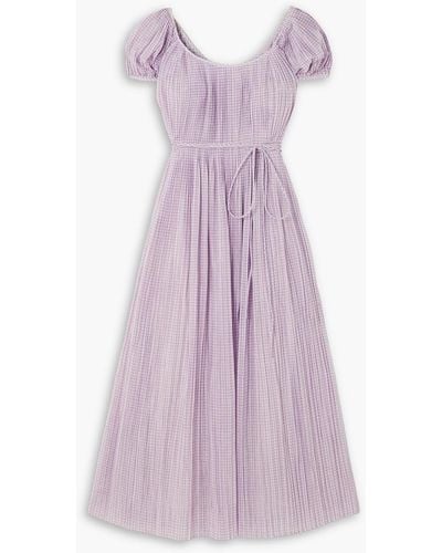 Tory Burch Pleated Checked Cotton And Silk-blend Voile Midi Dress - Purple