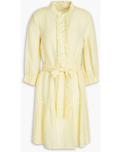 120% Lino Belted Slub Linen Mini Shirt Dress - Yellow