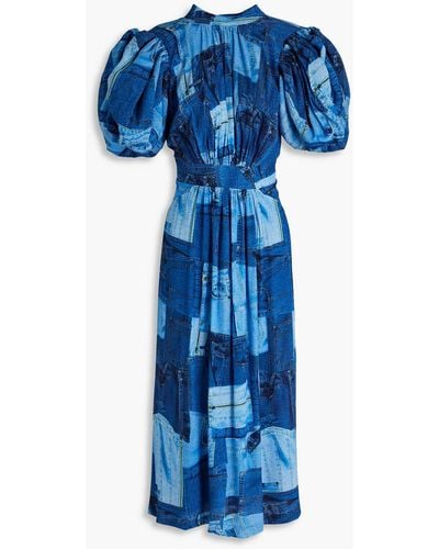 ROTATE BIRGER CHRISTENSEN Cutout Printed Woven Midi Dress - Blue