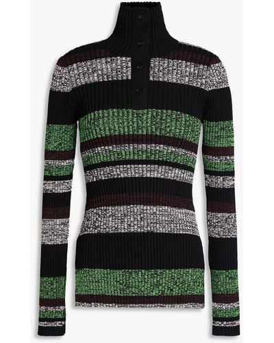 Ganni Striped Ribbed-knit Polo Jumper - Black