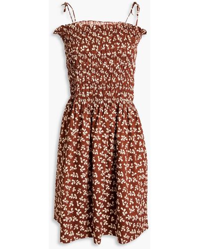 Tory Burch Shirred Printed Cotton Mini Dress - Brown