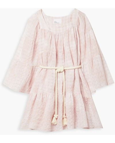 Lisa Marie Fernandez Belted Checked Linen And Cotton-blend Seersucker Mini Dress - Pink
