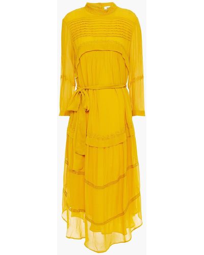 Ba&sh Prune Embroidered Pintucked Georgette Midi Dress - Yellow