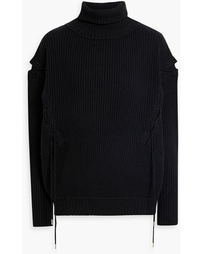 Palmer//Harding Possibility Lace-up Ribbed Wool And Cotton-blend Turtleneck Sweater - Black