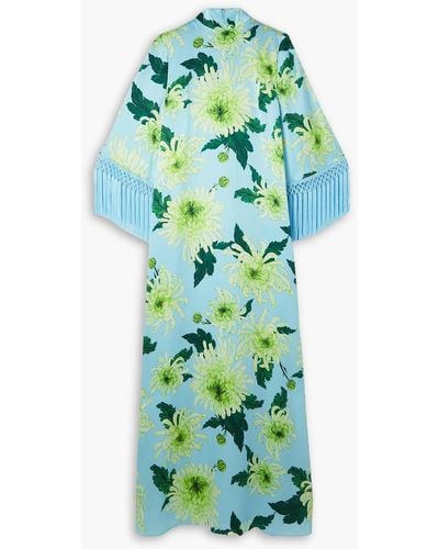Andrew Gn Fringed Floral-print Silk-satin Gown - Green
