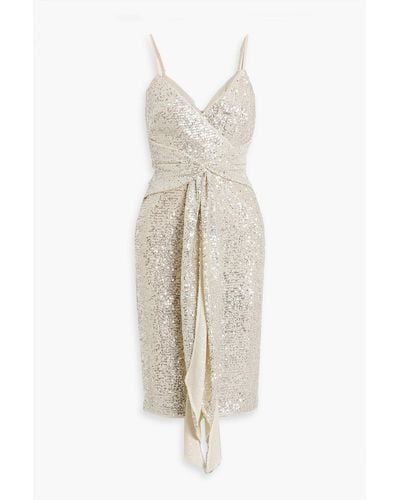 Badgley Mischka Wrap-effect Sequined Tulle Dress - White