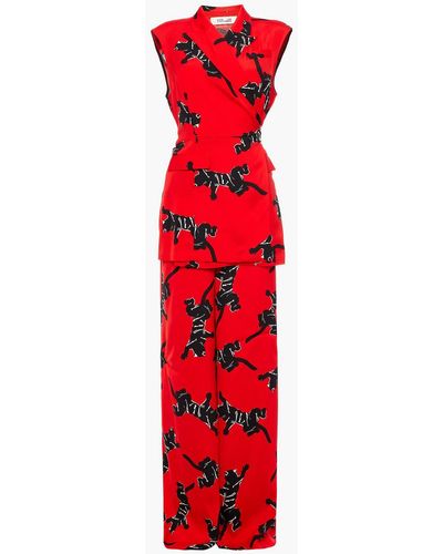 Diane von Furstenberg Wrap-effect Printed Stretch-satin Jumpsuit - Red