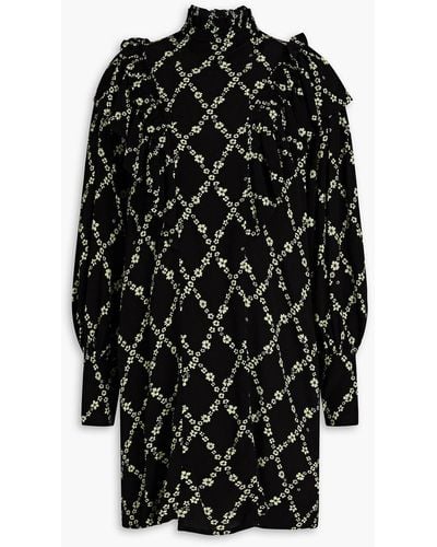 Ganni Ruffled Floral-print Crepe Turtleneck Mini Dress - Black