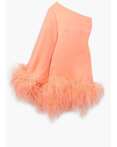 ‎Taller Marmo Piccolo Ubud One-shoulder Feather-trimmed Crepe Mini Dress - Pink