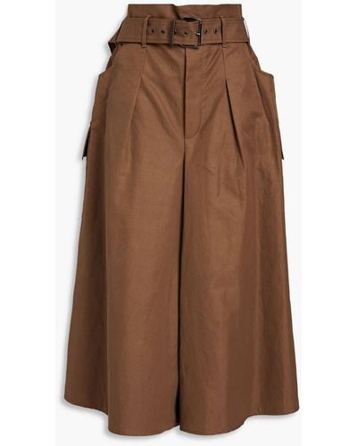 Brunello Cucinelli Bead-embellished Pleated Cotton And Ramie-blend Twill Culottes - Brown