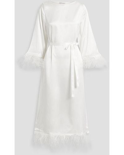 HVN Andrea Feather-trimmed Silk-satin Midi Dress - White