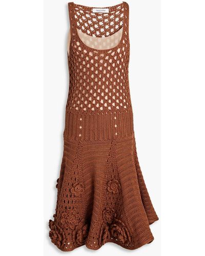 Valentino Garavani Crocheted And Open-knit Cotton Dress - Brown