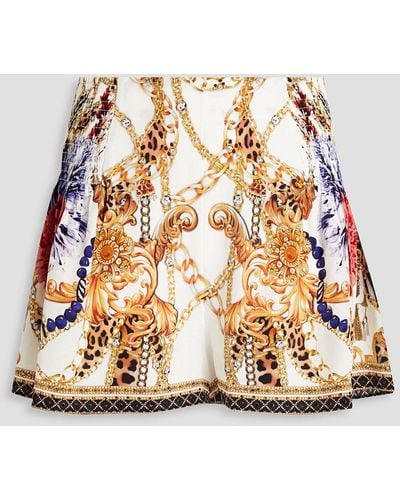 Camilla Gathered Embellished Printed Silk Crepe De Chine Shorts - White