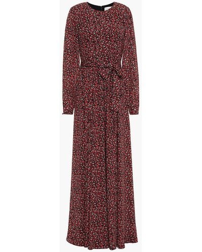 Mikael Aghal Belted Gathe Floral-print Crepe Maxi Dress - Red
