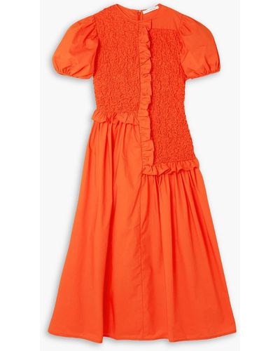 Cecilie Bahnsen Camden Ruffled Smocked Cotton-blend Poplin Midi Dress - Orange