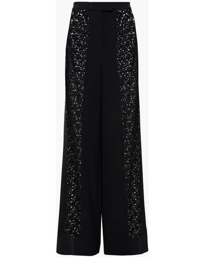 La Perla Embellished Lace-paneled Stretch-silk Crepe Wide-leg Trousers - Black