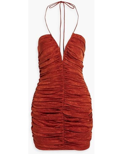 Ronny Kobo Orielle Ruched Silk-blend Jacquard Halterneck Mini Dress - Red