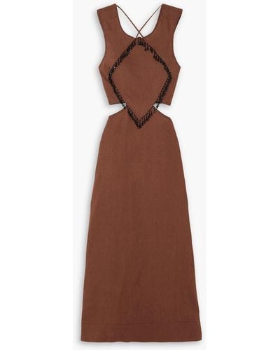 Ganni Bead-embellished Cutout Hemp Maxi Dress - Brown