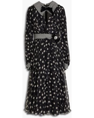 Dolce & Gabbana Bow-embellished Polka-dot Chiffon And Houndstooth Tweed Midi Dress - Black