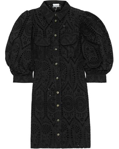 Ganni Sandrose Broderie Anglaise Cotton Mini Shirt Dress - Black