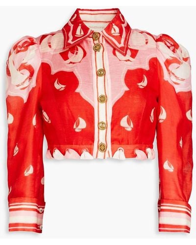 Zimmermann Cropped Printed Linen And Silk-blend Shirt - Red