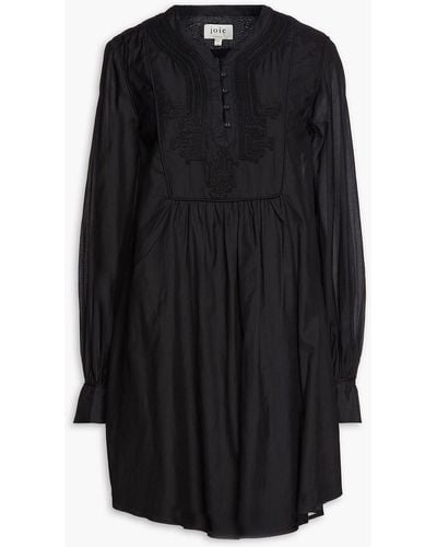 Joie Embroidered Gathered Cotton Mini Dress - Black