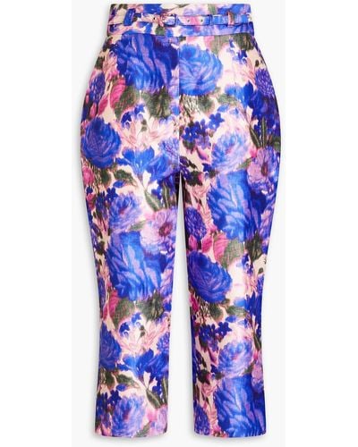 Zimmermann Belted Copped Floral-print Silk-satin Tapered Trousers - Blue
