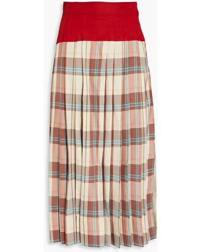 Tory Burch Checked-paneled Silk And Cotton-blend Midi Skirt - Natural
