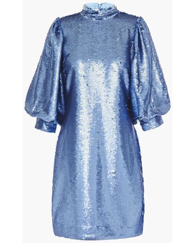 Ganni Gathered Sequined Tulle Mini Dress - Blue