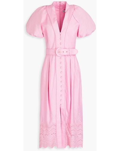 Rebecca Vallance Emile Broderie Anglaise-trimmed Linen-blend Midi Dress - Pink