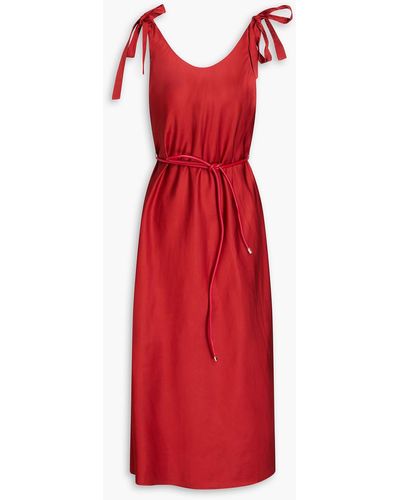 Zimmermann Faux Leather-trimmed Belted Satin Midi Dress - Red