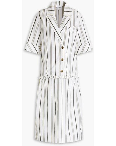 Ganni Gathered Striped Cotton-poplin Midi Shirt Dress - White