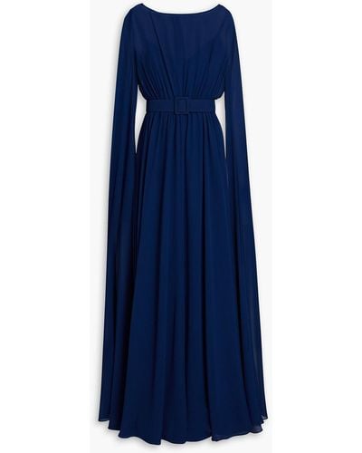 Badgley Mischka Belted Draped Georgette Gown - Blue