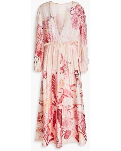 LEO LIN Pleated Floral-print Linen And Silk-blend Midi Dress - Red