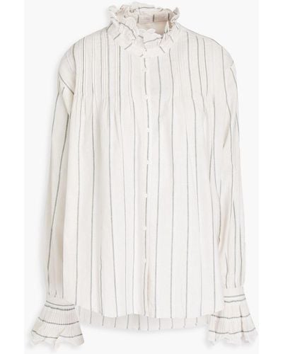 Claudie Pierlot Gestreiftes hemd aus einer baumwoll-leinenmischung mit rüschen - Weiß
