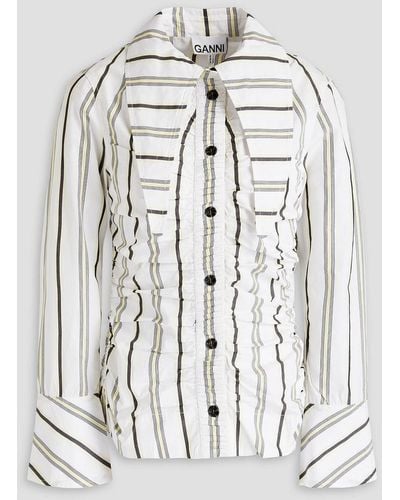 Ganni Ruched Striped Cotton-poplin Shirt - White