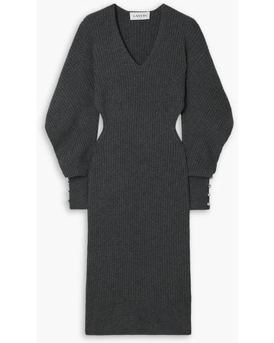 Lanvin Cutout Embellished Ribbed Wool And Cashmere-blend Midi Dress - Grey