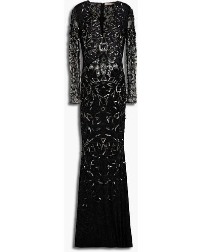 Roberto Cavalli Tulle-paneled Embellished Jersey Gown - Black