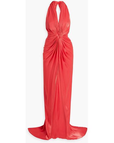 Costarellos Twisted Satin-jacquard Halterneck Gown - Red