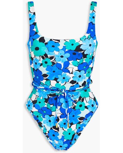 Rebecca Vallance Puglia Scoop Belted Floral-print Swimsuit - Blue