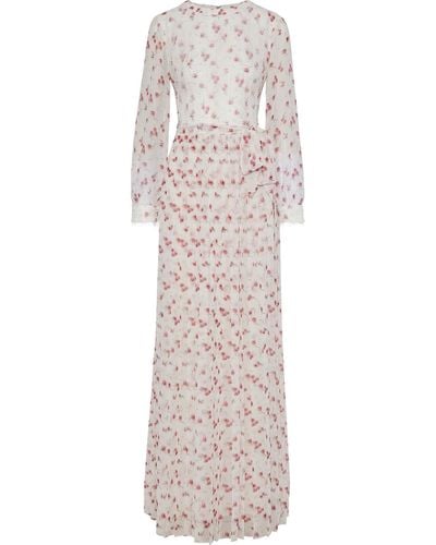 Mikael Aghal Chantilly lace-appliquéd pleated floral-print chiffon maxi dress - Weiß