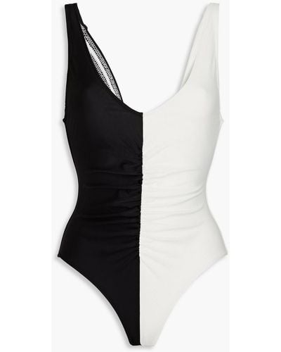 Solid & Striped Open-back Ruched Two-tone Swimsuit - Black