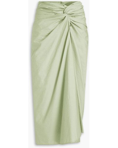 Brunello Cucinelli Twist-front Crinkled Cotton-blend Poplin Midi Skirt - Green