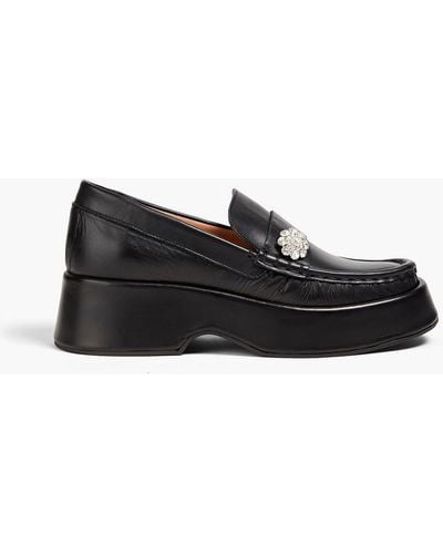 Ganni Crystal-embellished Leather Platform Loafers - Black