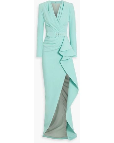 Rhea Costa Belted Draped Crepe Gown - Green